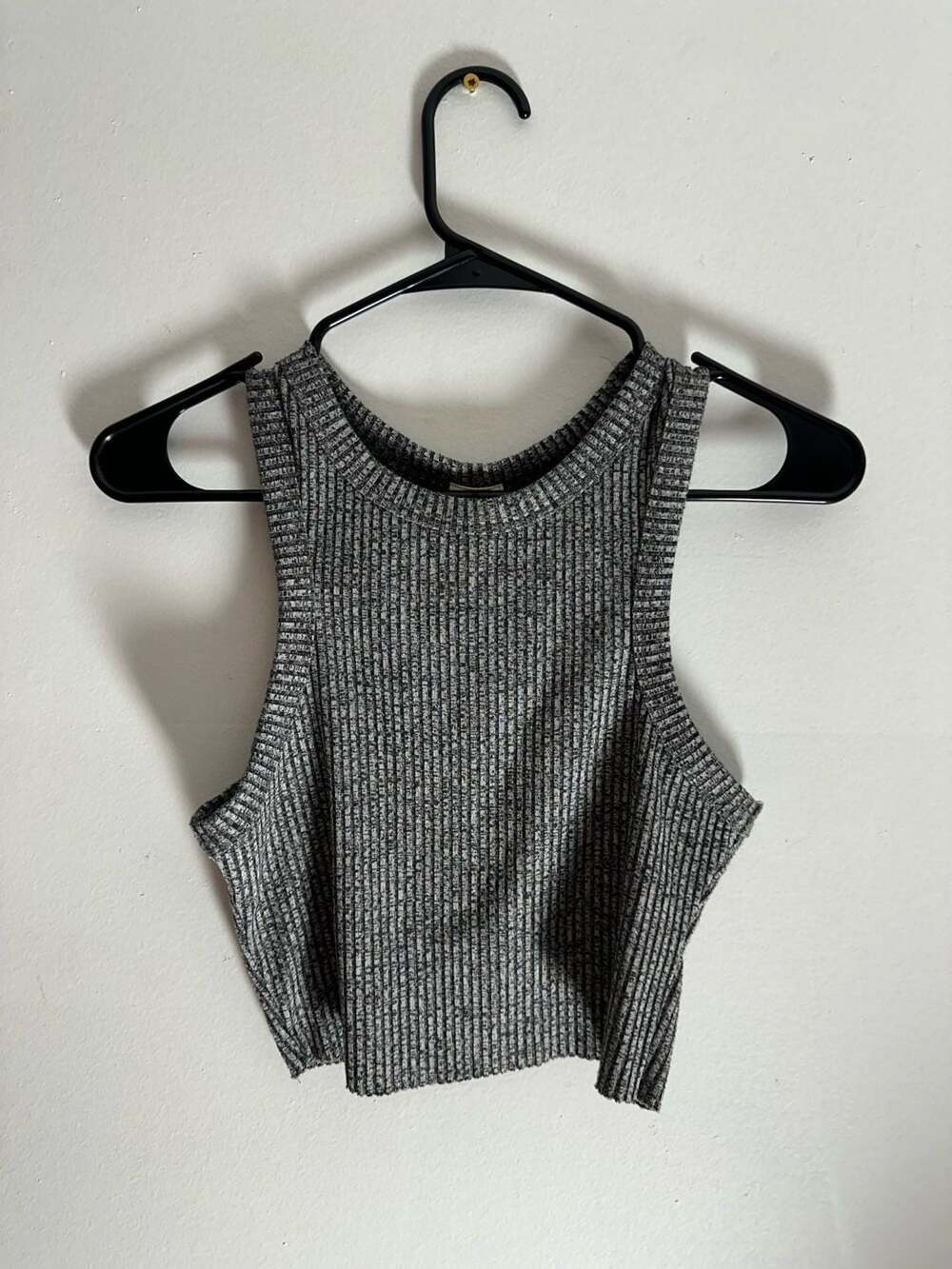Destined Grey Ribbed Knit High Neck Racerback Crop Top, Size Small